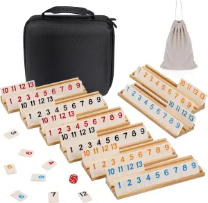 6-8 Players Rummy Game Upgraded Set with 8 Wooden Racks, 214 Tiles, Portable Case, Drawstring Bag and Dice, Board Games for Adults Friends Night Gifts Travel Party Sharpens Brain