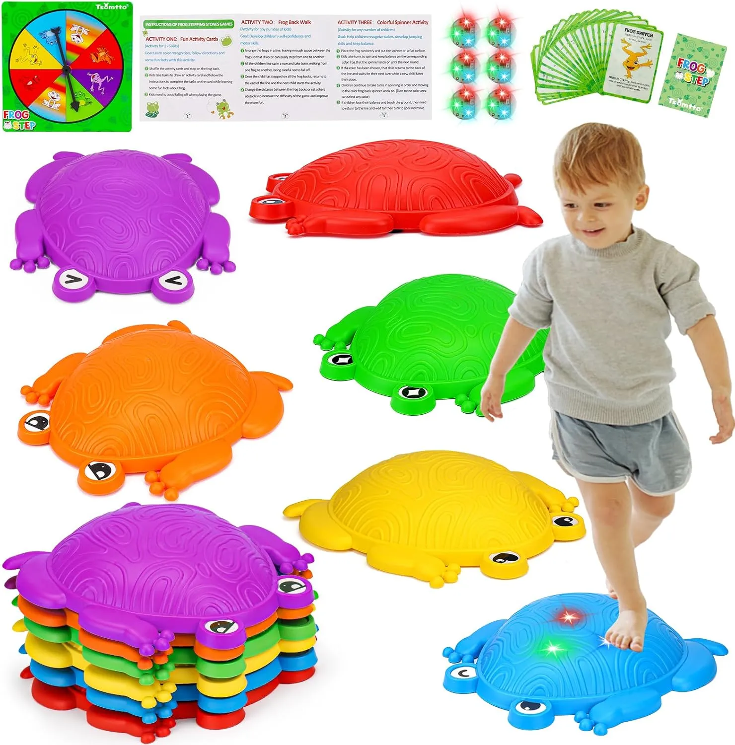 6 PCS Kids Stepping Stones Light Up Frog Balance Stones Outside Toys Ages 3-5 4-8 Plastic Jumping Step Stone Indoor Outdoor Sensory Play Toddler Obstacle Course Coordination Game 3 4 5 6 7 Year Old