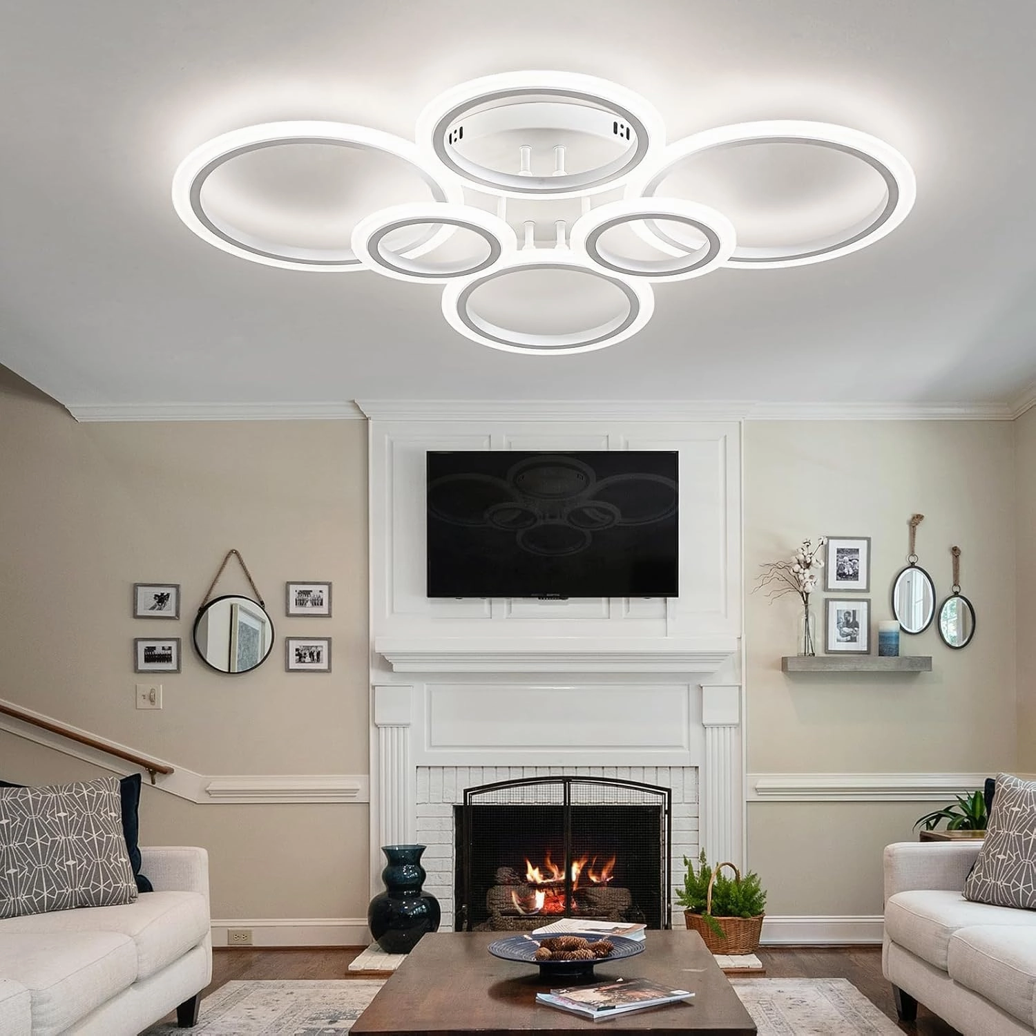 60W Modern LED Ceiling Light Fixture, Dimmable LED Chandelier Flush Mount Ceiling Lights Remote Control 6 Acrylic Ring Ceiling Lamp Fixture for Living Room Dining Room Bedroom, 7640LM