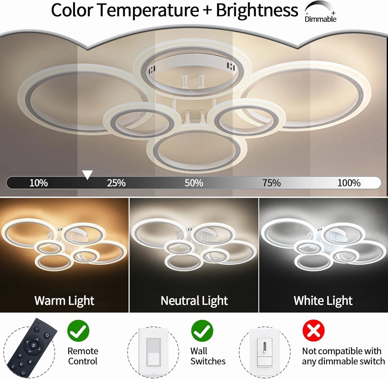 60W Modern LED Ceiling Light Fixture, Dimmable LED Chandelier Flush Mount Ceiling Lights Remote Control 6 Acrylic Ring Ceiling Lamp Fixture for Living Room Dining Room Bedroom, 7640LM