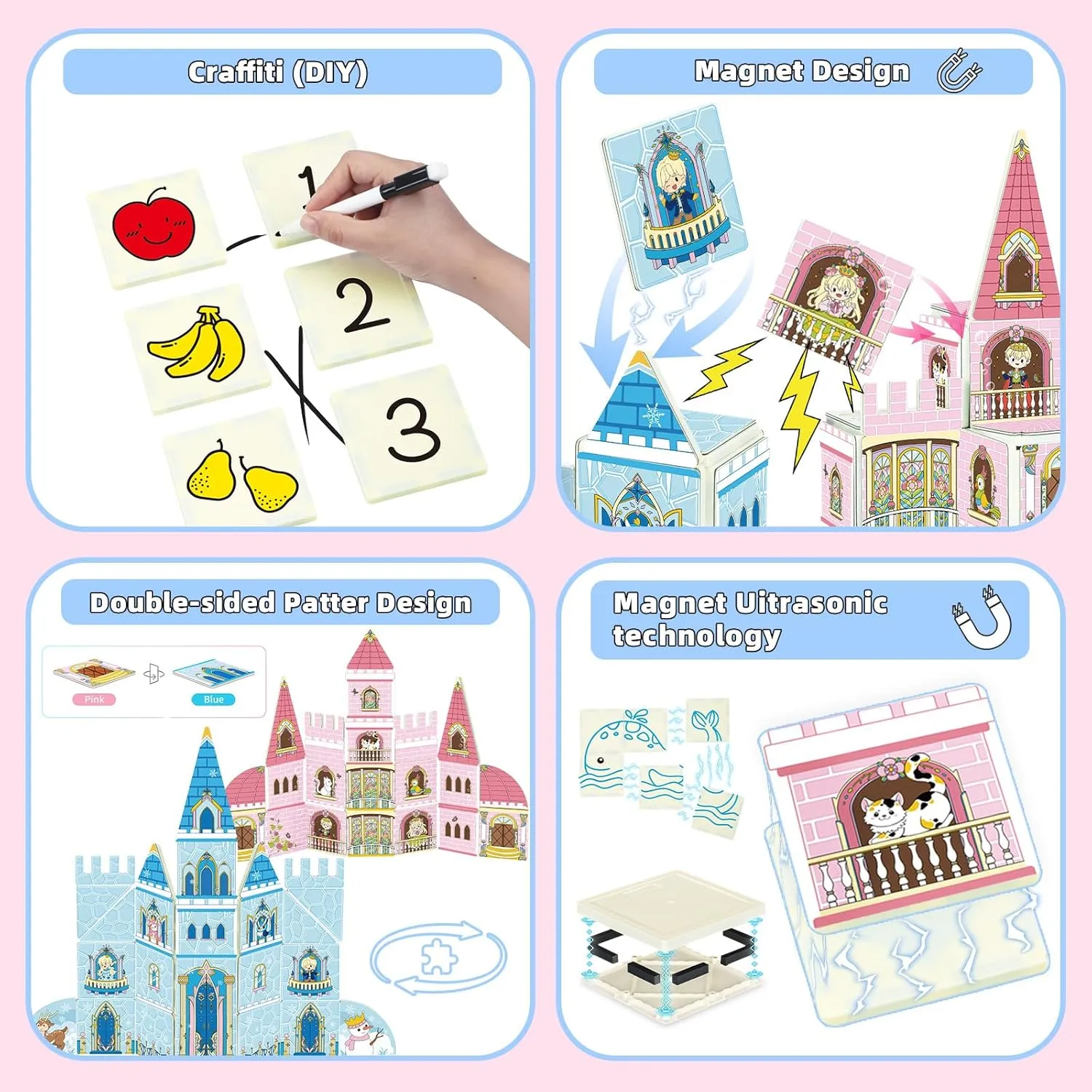 65PCS Magnetic Castles Tiles with Paintbrush for Kids 3 4 5 6 7 8 Years Magnet Building Blocks Preschool STEM Educational Construction Puzzle Toys, Gift for Girls Boys Toddler 3  Years