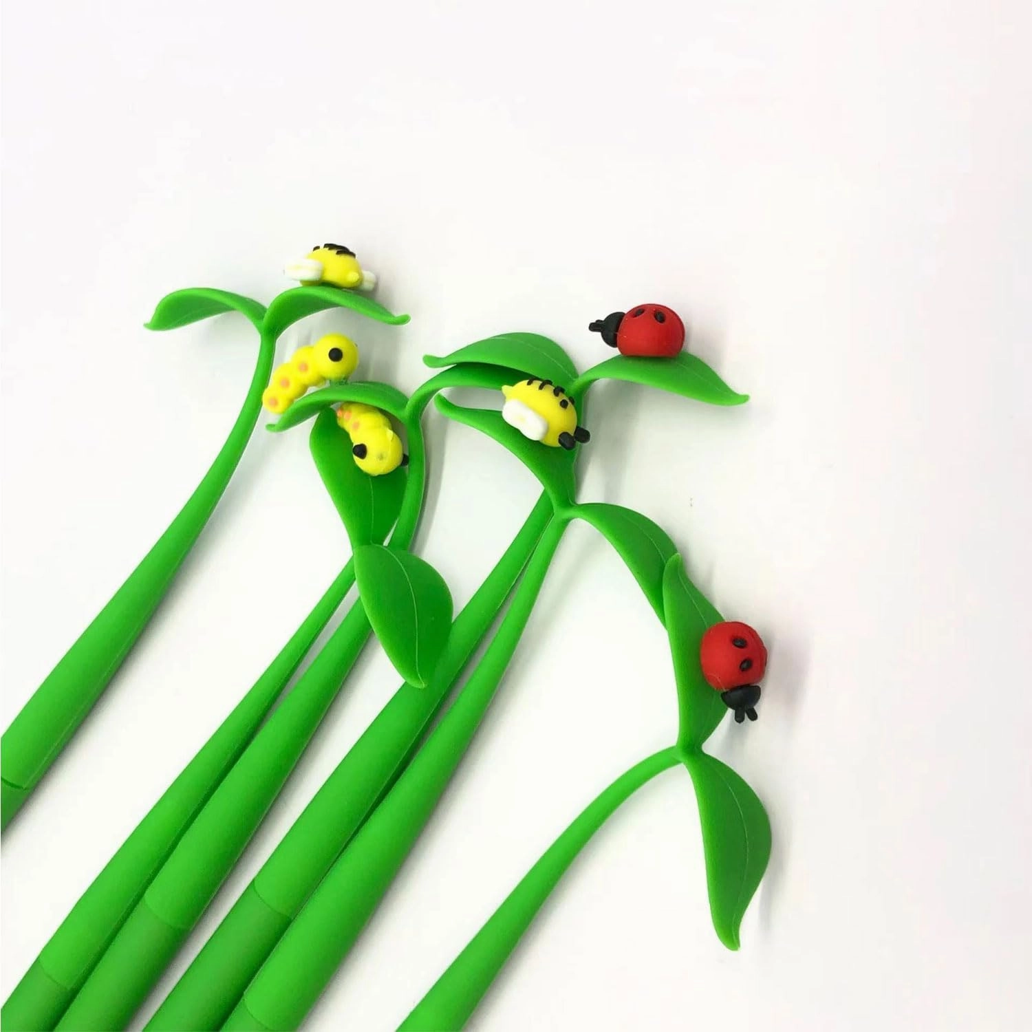 6 PCS Novelty Grass Pens with Bendable Leaves, Cute Insects, and Black Ink 0.5mm - Bee, Caterpillar & Ladybug Silicone Floral Pens for Students, Office, Home Stationery Gifts