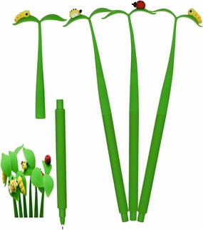 6 PCS Novelty Grass Pens with Bendable Leaves, Cute Insects, and Black Ink 0.5mm - Bee, Caterpillar & Ladybug Silicone Floral Pens for Students, Office, Home Stationery Gifts