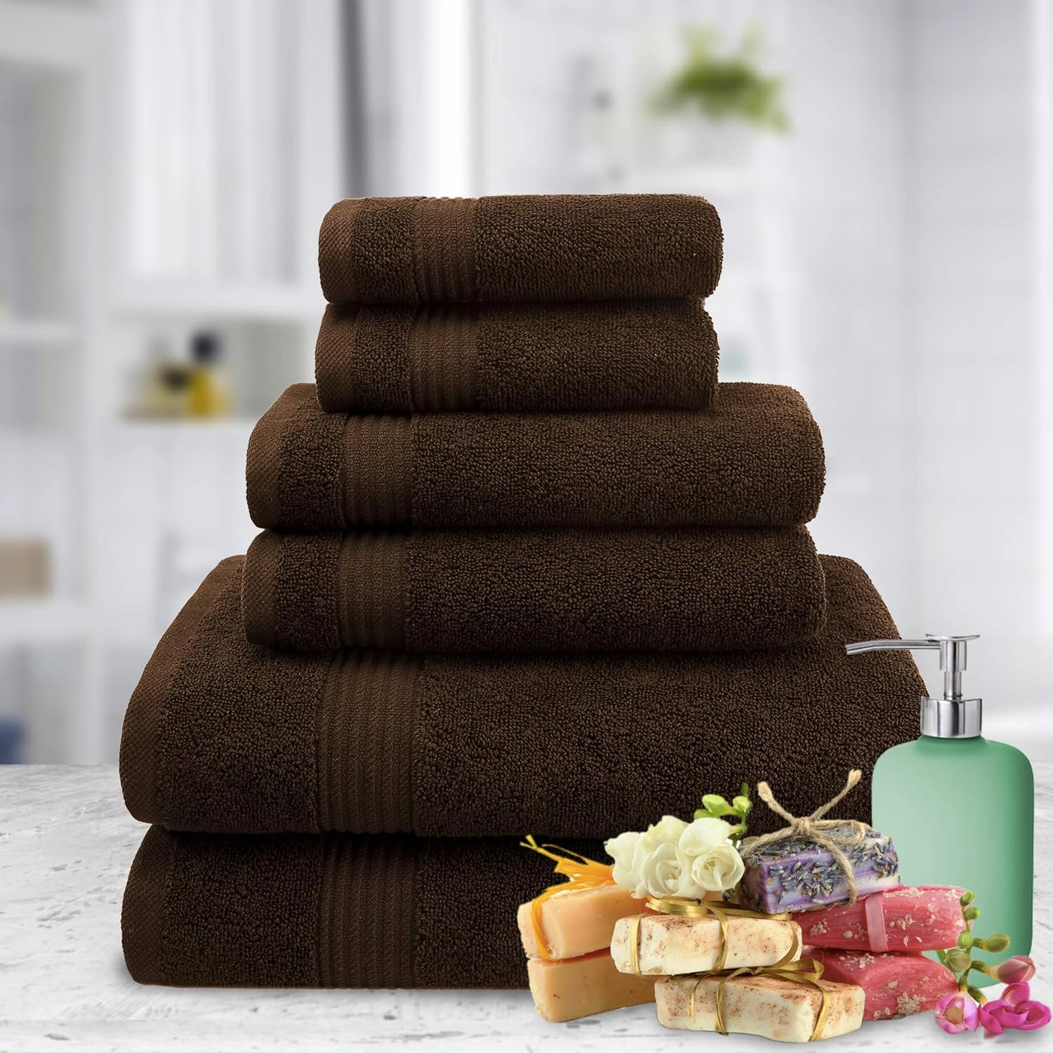 6 Piece Towel Set for Bathroom Clearance Prime, 100% Cotton Turkish Bathroom Towels, 2 Bath Towels 2 Hand Towels 2 Washcloths, Brown