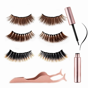 6D Magnetic Brown Eyelashes and Magnetic Eyeliner Kit 3 Style with Tweezers (Brown No.2)