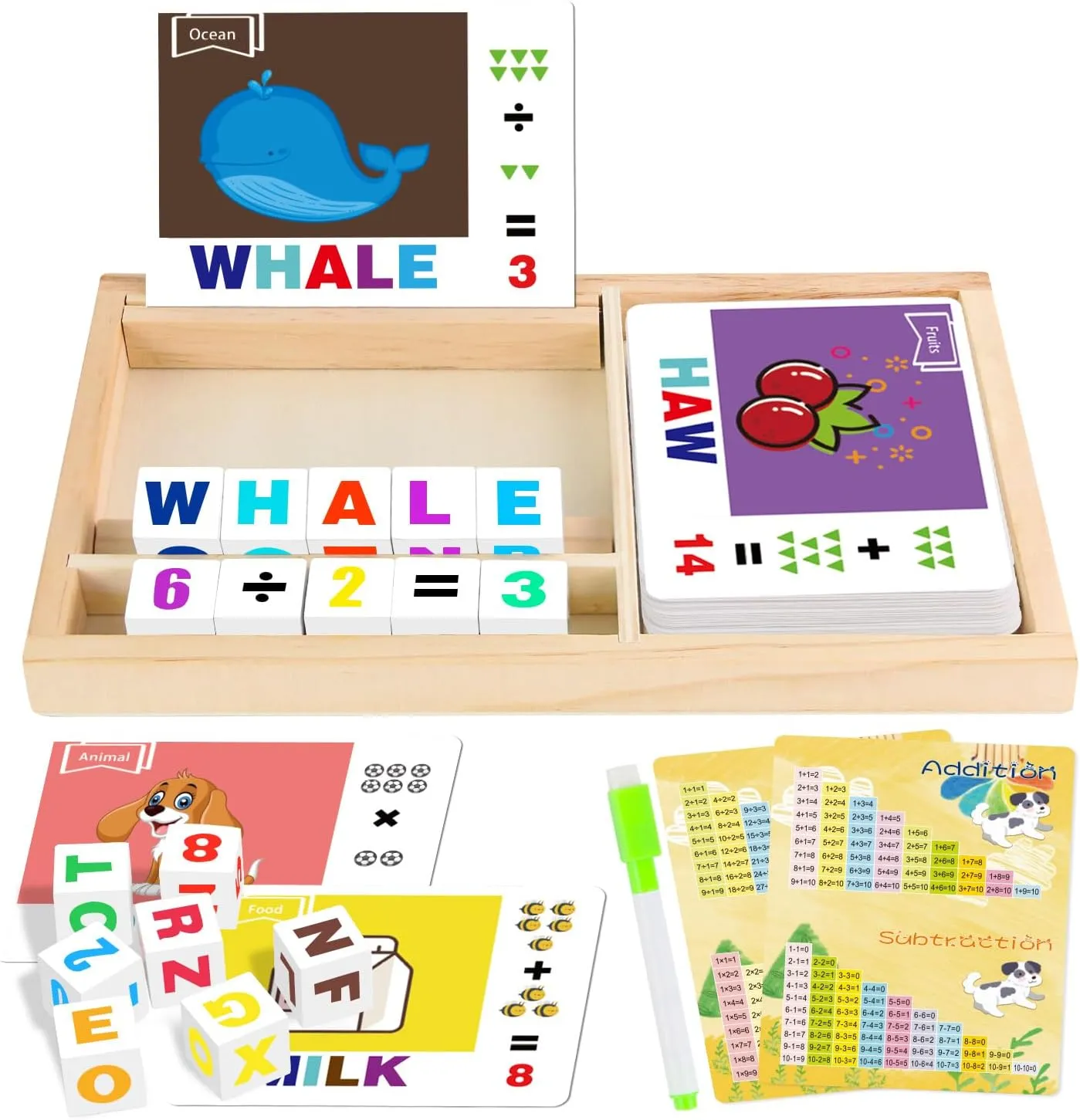 7 in 1 Learning Toy for Kids 2-10 Year Old, Wooden Word Spelling Game Counting Puzzle, Montessori Educational Alphabet Cube Toys w/Sight Words Reading Blocks Matching Letter Sorting Gift for Boy Girl