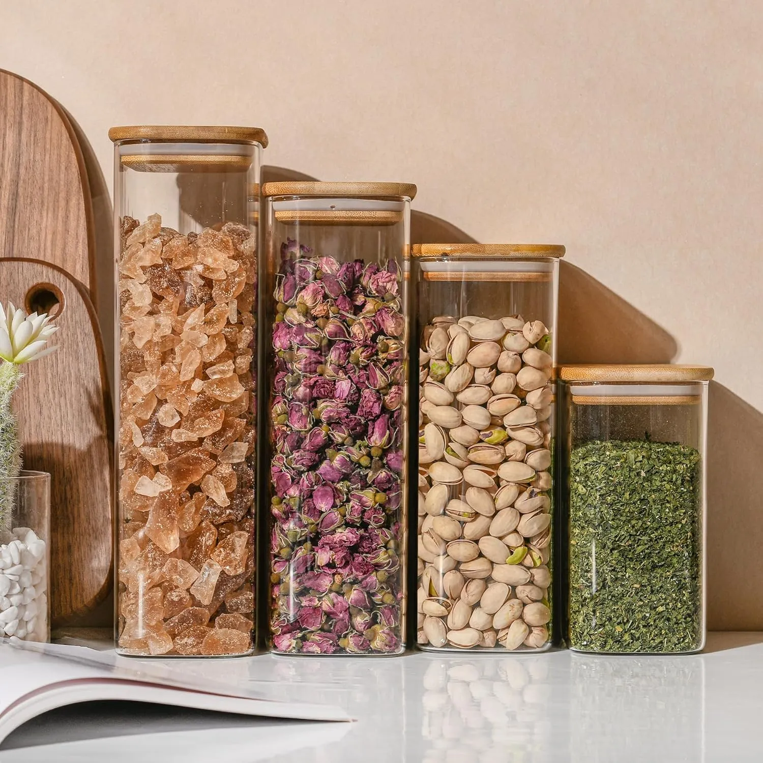71oz Rectangle Airtight Glass Storage Containers with Bamboo Lids (Set of 3), Square Food Storage Jar, Pantry Organizers for Sugar, Flour, Spaghetti and Coffee beans (‎with Black Lable)