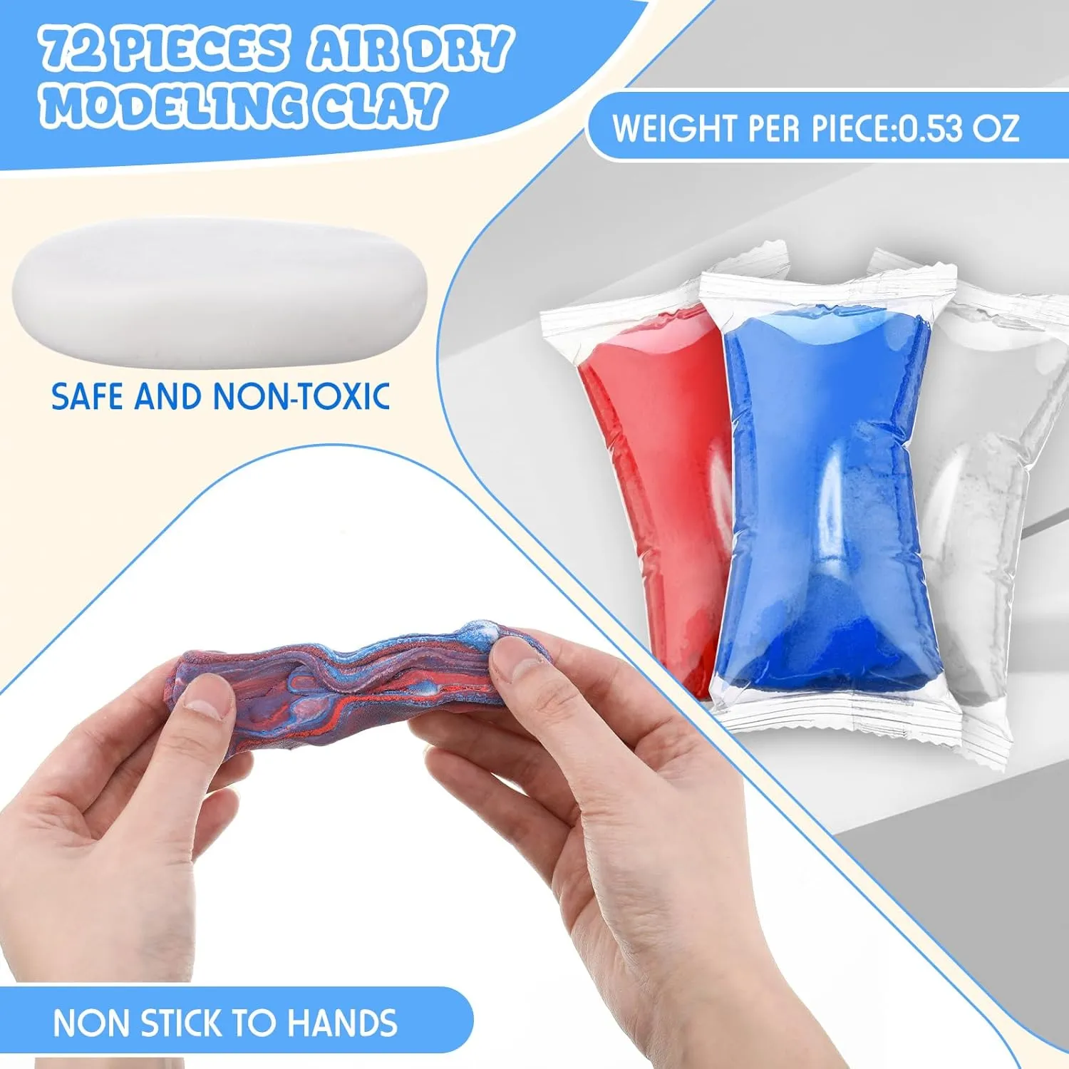 72 Pcs 2.38lbs Air Dry Clay Modeling Magic Ultra Light Modeling Clay for Kids DIY for Sculpting Air Dry School Gift (White, Red, Blue)