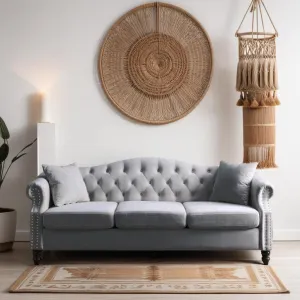 79" Chesterfield Grey Velvet 3-Seater Sofa for Living Room,Tufted Couch with Rolled Arms Nailhead and Two Pillows for Living Room