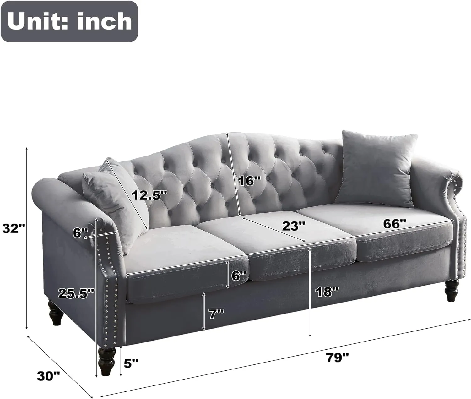 79" Chesterfield Grey Velvet 3-Seater Sofa for Living Room,Tufted Couch with Rolled Arms Nailhead and Two Pillows for Living Room