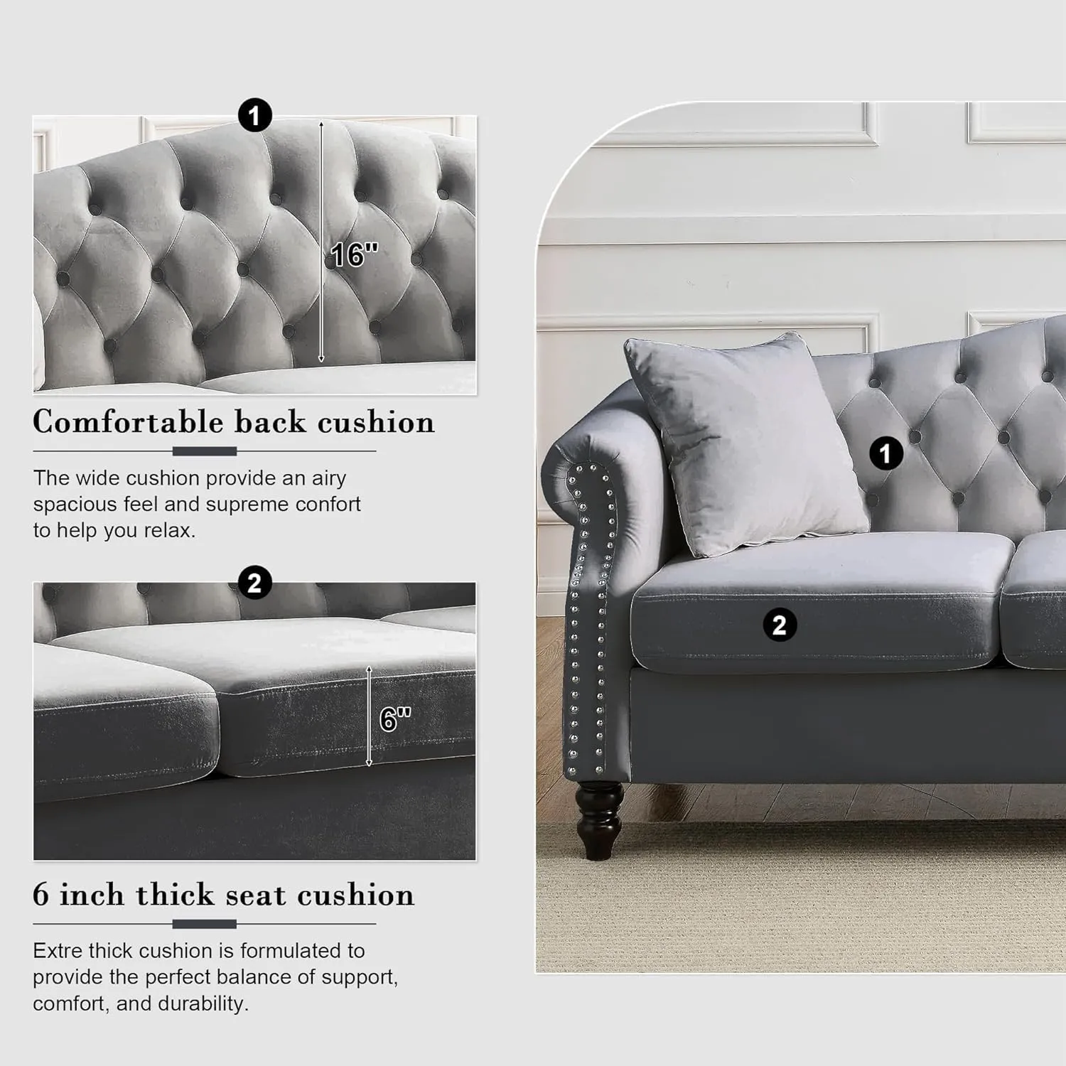 79" Chesterfield Grey Velvet 3-Seater Sofa for Living Room,Tufted Couch with Rolled Arms Nailhead and Two Pillows for Living Room