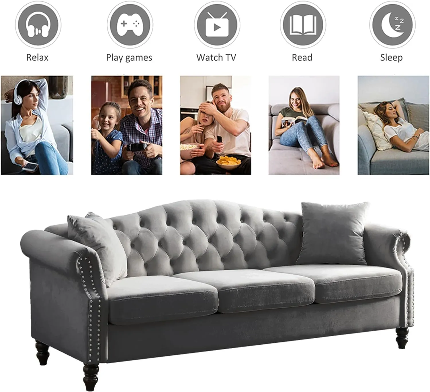79" Chesterfield Grey Velvet 3-Seater Sofa for Living Room,Tufted Couch with Rolled Arms Nailhead and Two Pillows for Living Room
