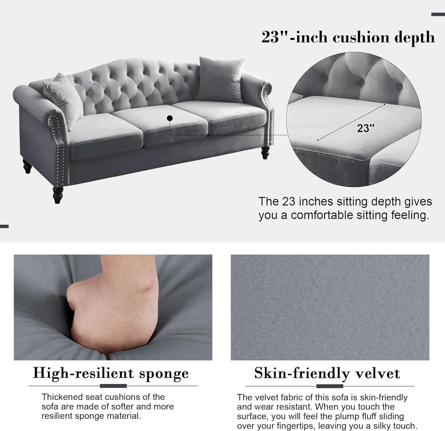 79" Chesterfield Grey Velvet 3-Seater Sofa for Living Room,Tufted Couch with Rolled Arms Nailhead and Two Pillows for Living Room