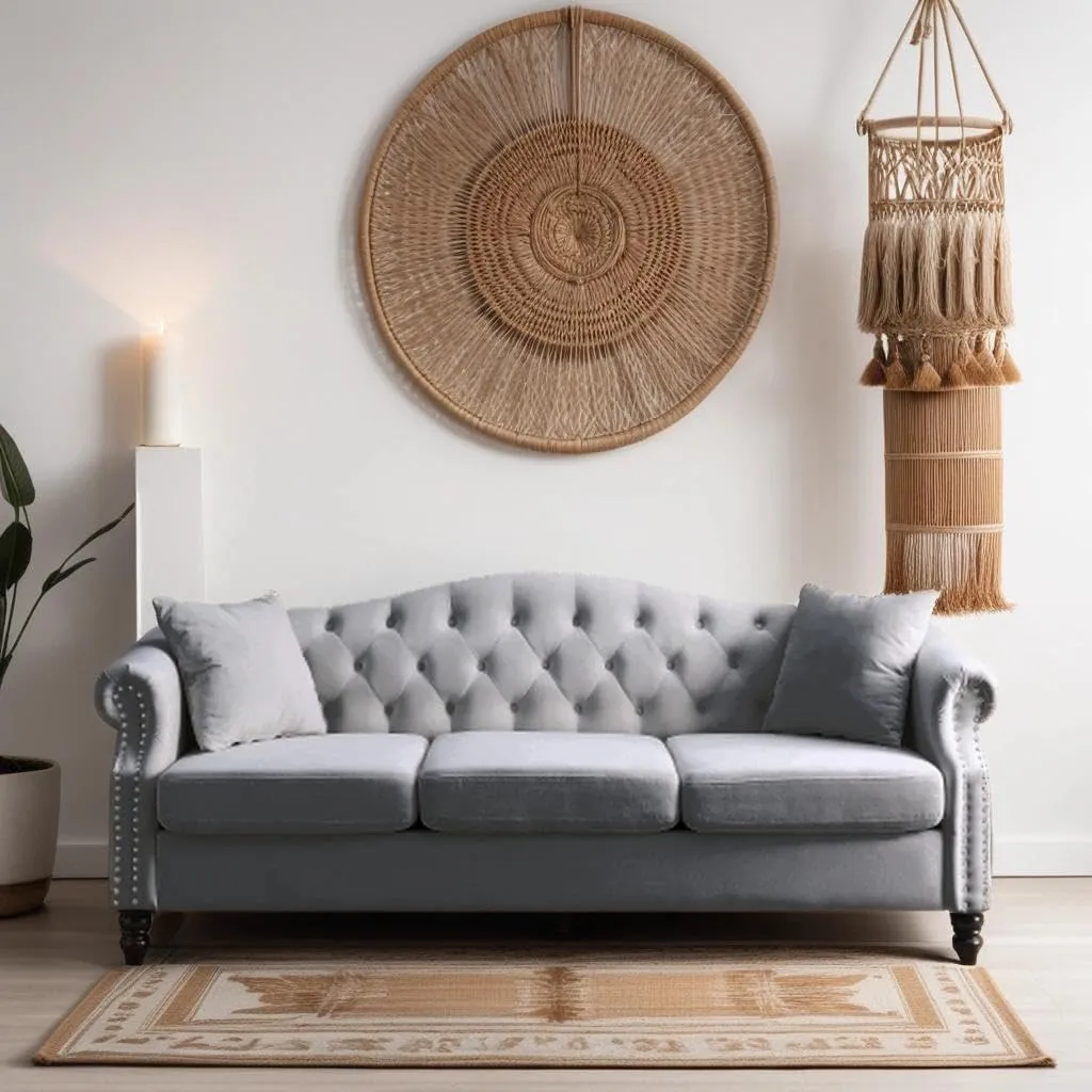 79" Chesterfield Grey Velvet 3-Seater Sofa for Living Room,Tufted Couch with Rolled Arms Nailhead and Two Pillows for Living Room