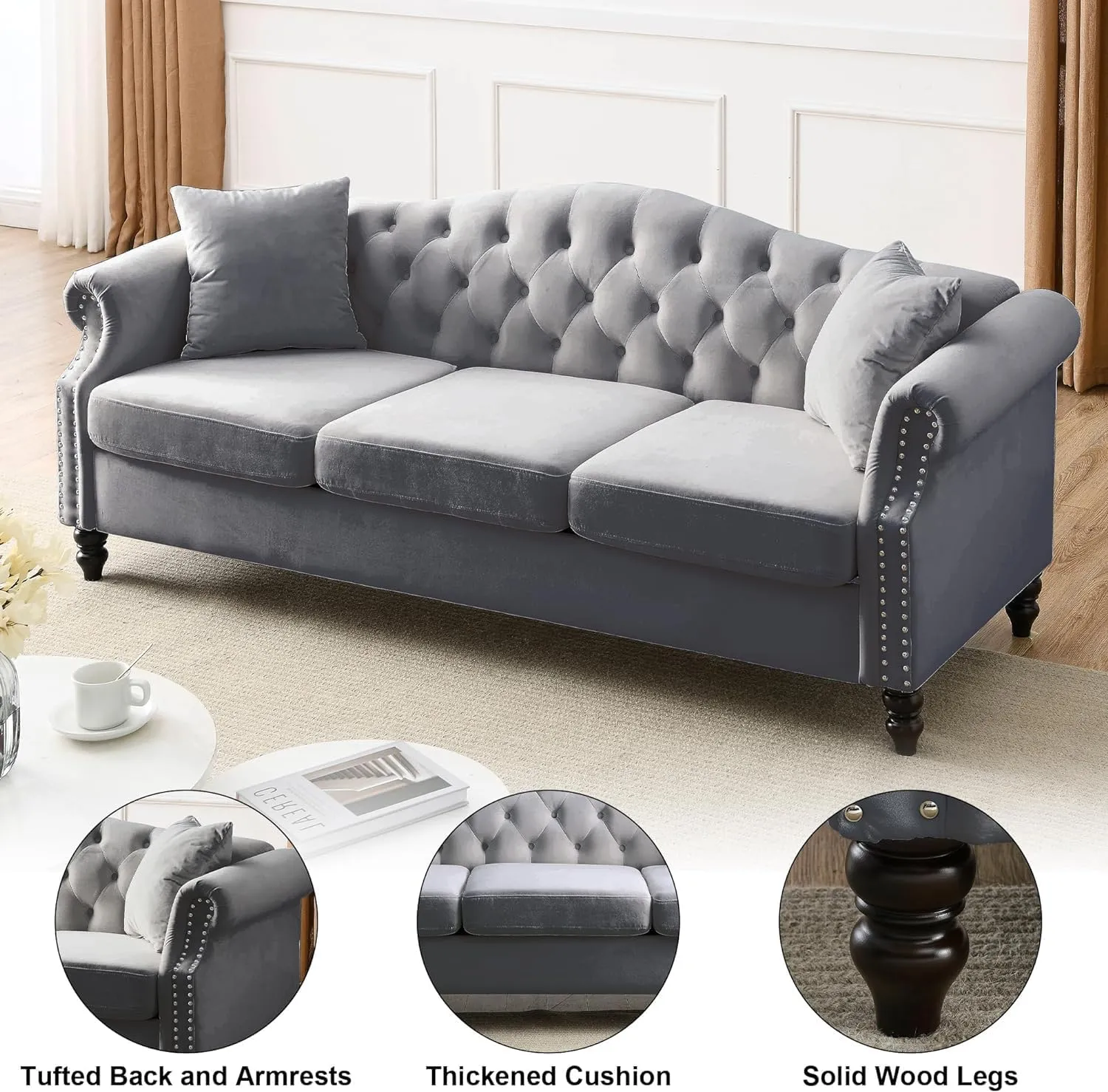 79" Chesterfield Grey Velvet 3-Seater Sofa for Living Room,Tufted Couch with Rolled Arms Nailhead and Two Pillows for Living Room