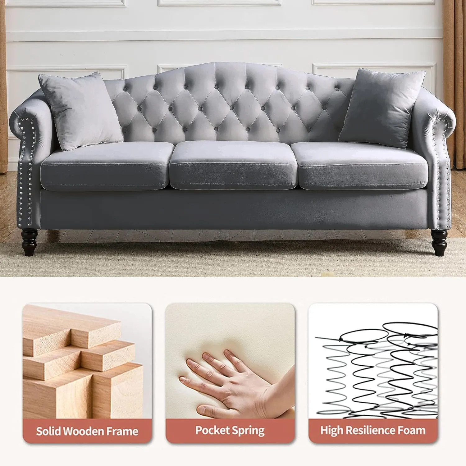 79" Chesterfield Grey Velvet 3-Seater Sofa for Living Room,Tufted Couch with Rolled Arms Nailhead and Two Pillows for Living Room