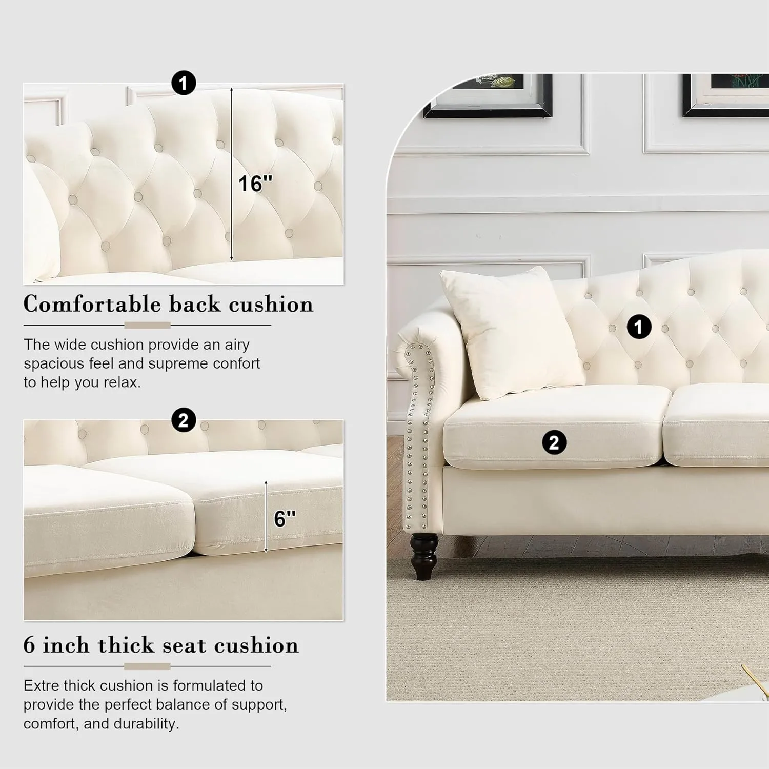 79" Chesterfield Velvet 3-Seater Sofa for Living Room,Tufted Couch with Rolled Arms Nailhead and Two Pillows for Living Room, Bedroom (Beige, 79" 3-Seater Sofa)