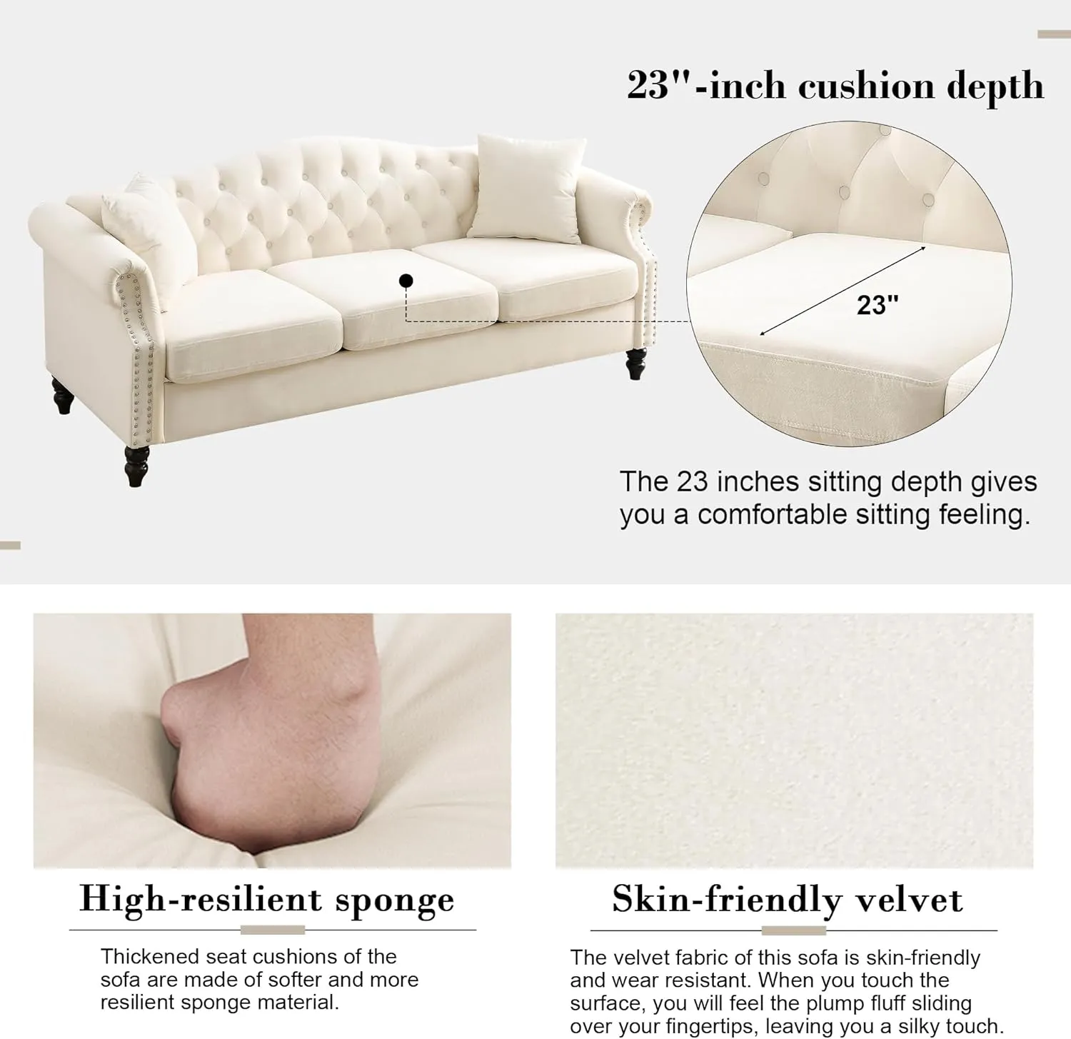 79" Chesterfield Velvet 3-Seater Sofa for Living Room,Tufted Couch with Rolled Arms Nailhead and Two Pillows for Living Room, Bedroom (Beige, 79" 3-Seater Sofa)