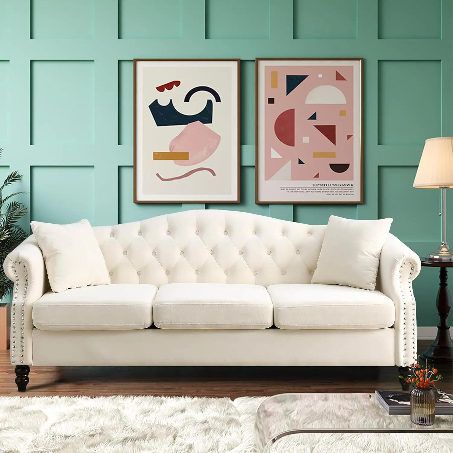 79" Chesterfield Velvet 3-Seater Sofa for Living Room,Tufted Couch with Rolled Arms Nailhead and Two Pillows for Living Room, Bedroom (Beige, 79" 3-Seater Sofa)