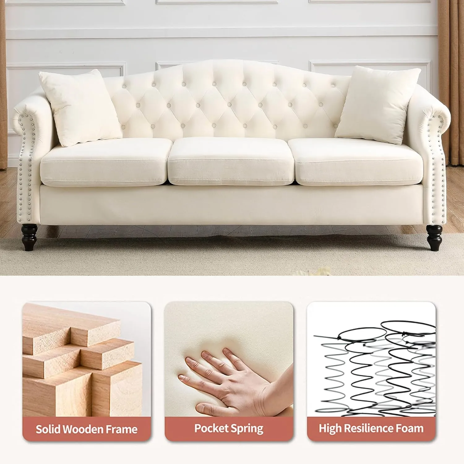 79" Chesterfield Velvet 3-Seater Sofa for Living Room,Tufted Couch with Rolled Arms Nailhead and Two Pillows for Living Room, Bedroom (Beige, 79" 3-Seater Sofa)