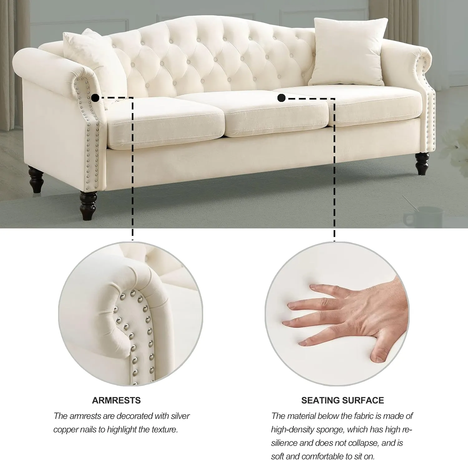 79" Chesterfield Velvet 3-Seater Sofa for Living Room,Tufted Couch with Rolled Arms Nailhead and Two Pillows for Living Room, Bedroom (Beige, 79" 3-Seater Sofa)