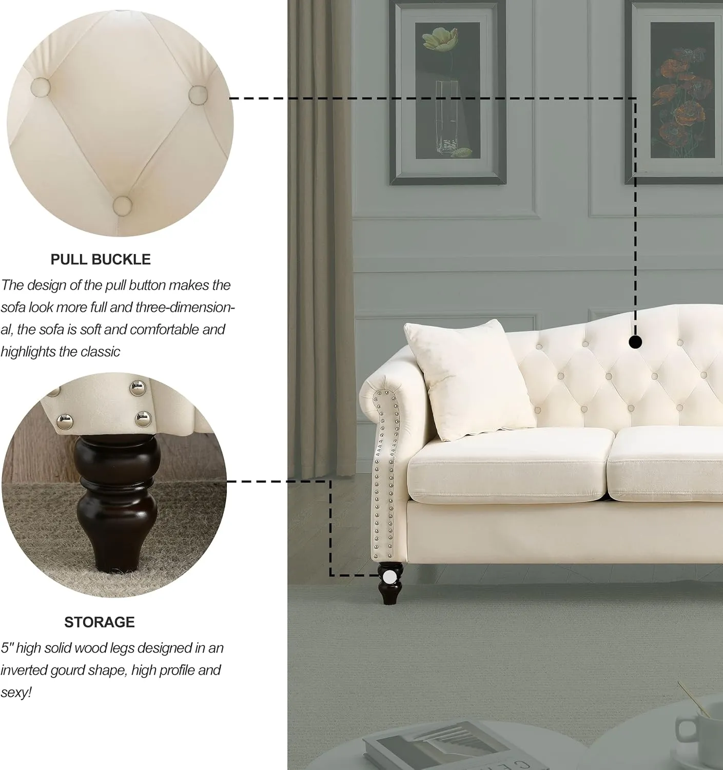 79" Chesterfield Velvet 3-Seater Sofa for Living Room,Tufted Couch with Rolled Arms Nailhead and Two Pillows for Living Room, Bedroom (Beige, 79" 3-Seater Sofa)