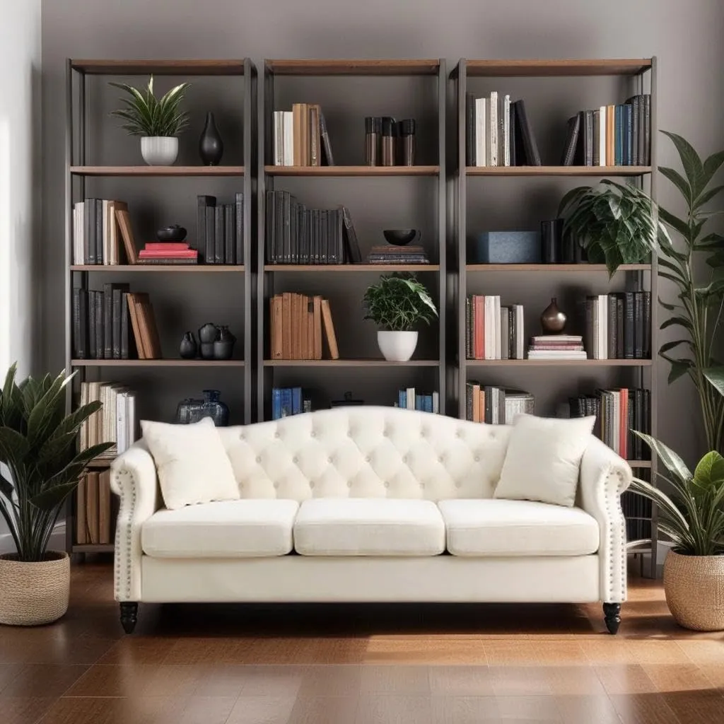 79" Chesterfield Velvet 3-Seater Sofa for Living Room,Tufted Couch with Rolled Arms Nailhead and Two Pillows for Living Room, Bedroom (Beige, 79" 3-Seater Sofa)