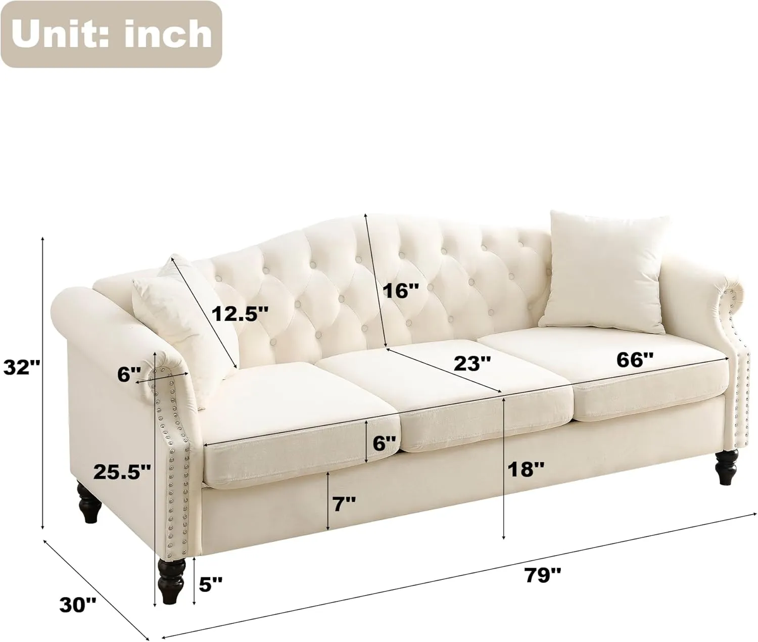 79" Chesterfield Velvet 3-Seater Sofa for Living Room,Tufted Couch with Rolled Arms Nailhead and Two Pillows for Living Room, Bedroom (Beige, 79" 3-Seater Sofa)
