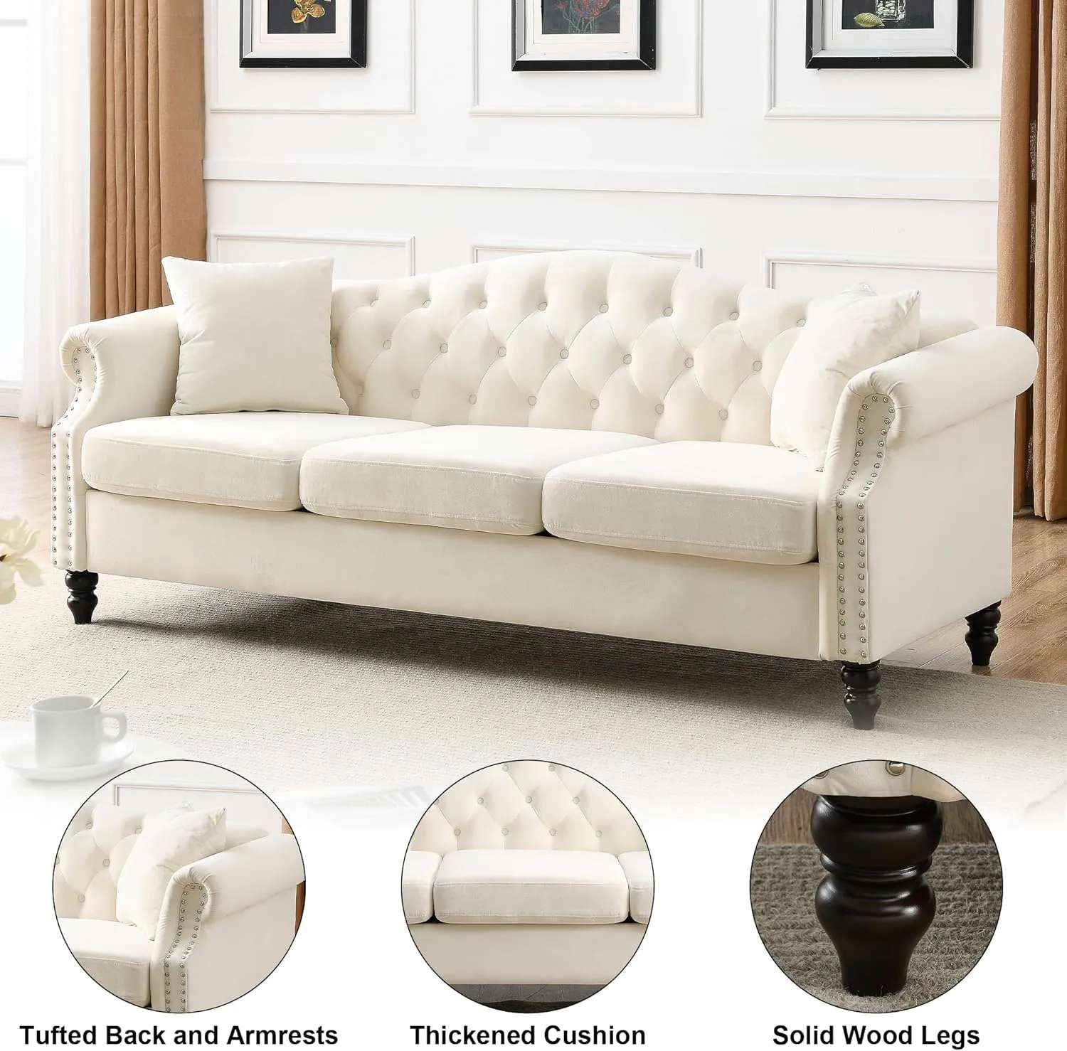 79" Chesterfield Velvet 3-Seater Sofa for Living Room,Tufted Couch with Rolled Arms Nailhead and Two Pillows for Living Room, Bedroom (Beige, 79" 3-Seater Sofa)