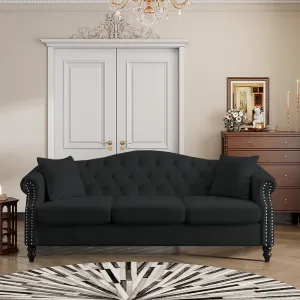 79" Chesterfield Velvet 3-Seater Sofa for Living Room,Tufted Couch with Rolled Arms Nailhead and Two Pillows for Living Room, Bedroom