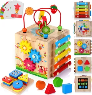 8-in-1 Wooden Activity Cube for Kids, Sorting & Stacking Toys Shape Match Xylophone Montessori Learning Toy STEM Value Pack Gift for Boys Girls Toddlers-Light Pink Packaging (Blue)