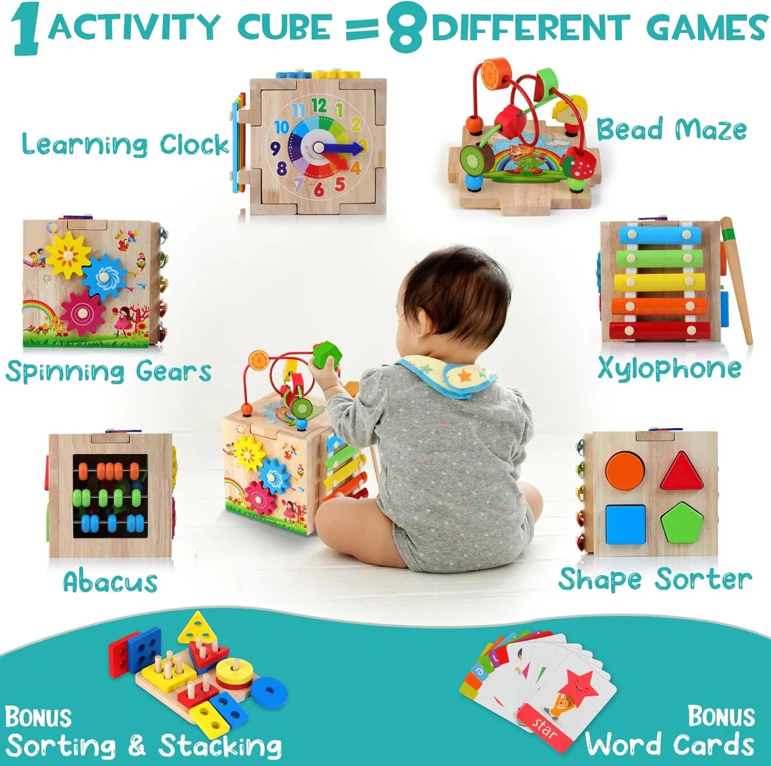 8-in-1 Wooden Activity Cube for Kids, Sorting & Stacking Toys Shape Match Xylophone Montessori Learning Toy STEM Value Pack Gift for Boys Girls Toddlers-Light Pink Packaging (Blue)
