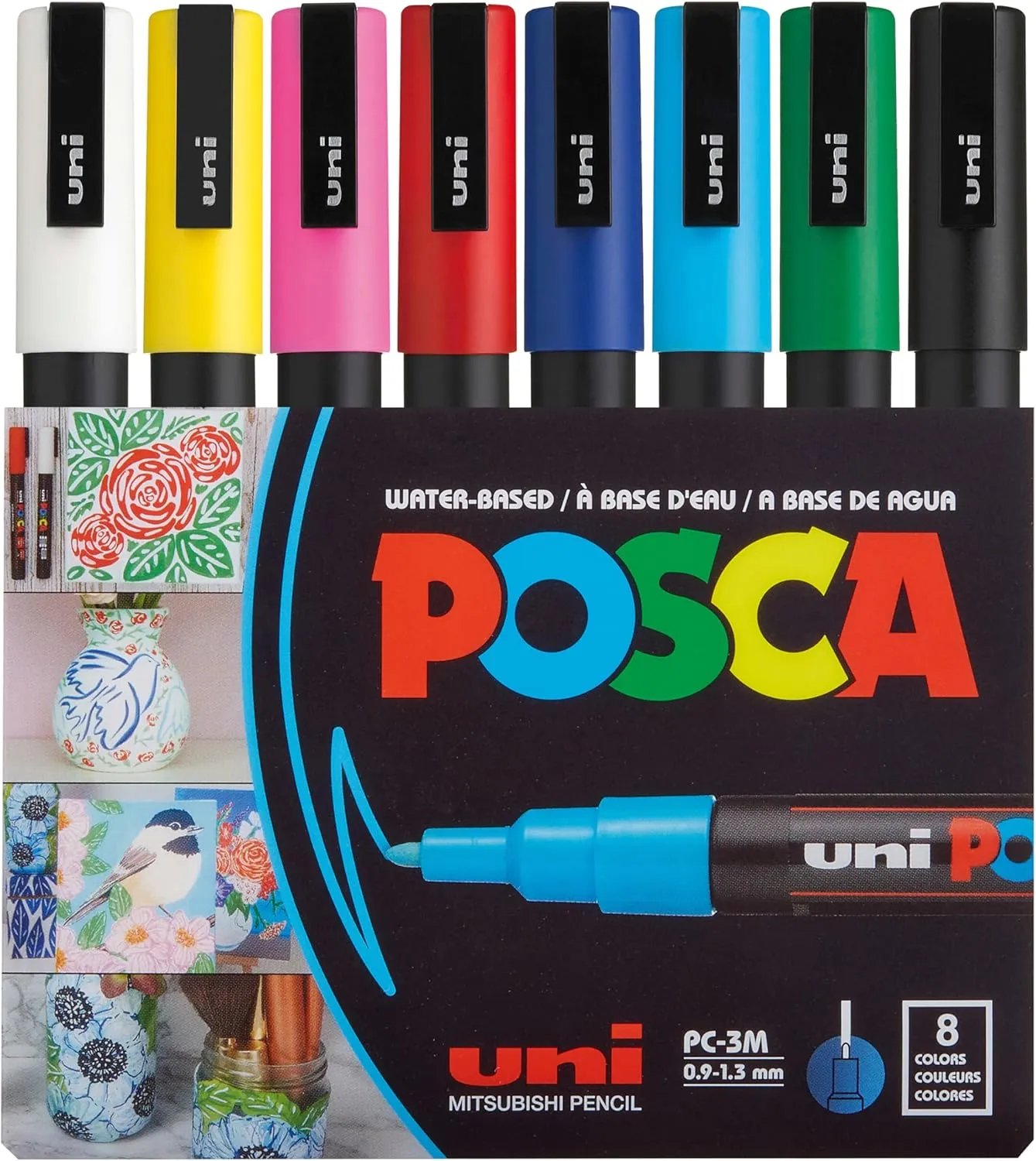 8 Posca Paint Markers, 3M Fine with Reversible Tips, Set of Acrylic Paint Pens for Art Supplies, Fabric Paint, Fabric Markers, Art Markers