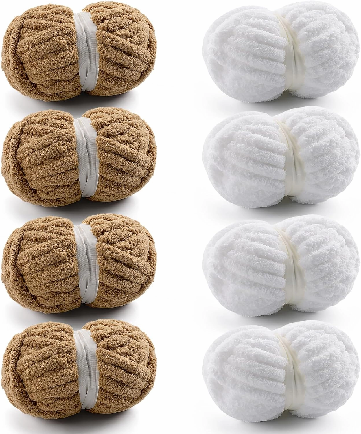 8 Pack Chunky Yarn for Hand Knitting - Chunky Chenille Yarn for Crocheting - Fluffy Yarns for Crochet - Jumbo Yarns for Hand Knitting 28.4 Yds 7.7 Oz Per Roll (8, Khaki-White)