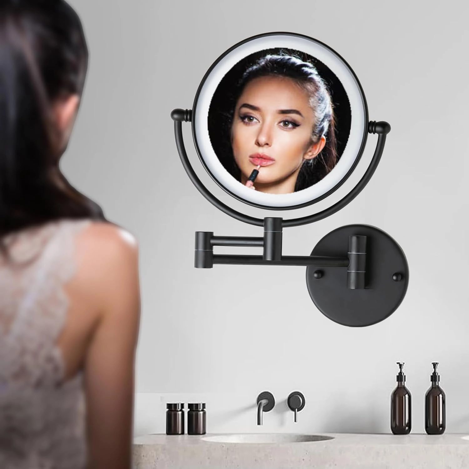 8" Wall Mounted Lighted Makeup Vanity Mirror with 3 Color Lights Stepless Dimming, 1X/10X Magnifying LED Two Sided Bathroom Touch Sensor Extendable Arm 360 Swivel Shaving Mirror Hardwired, Matte Black