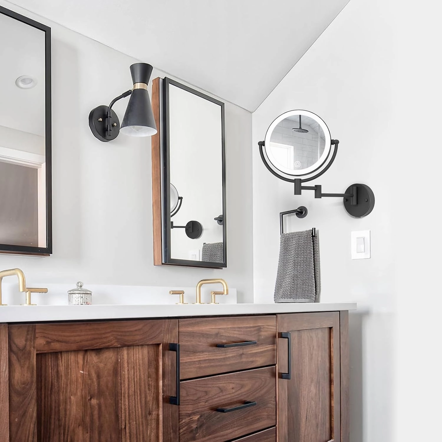 8" Wall Mounted Lighted Makeup Vanity Mirror with 3 Color Lights Stepless Dimming, 1X/10X Magnifying LED Two Sided Bathroom Touch Sensor Extendable Arm 360 Swivel Shaving Mirror Hardwired, Matte Black