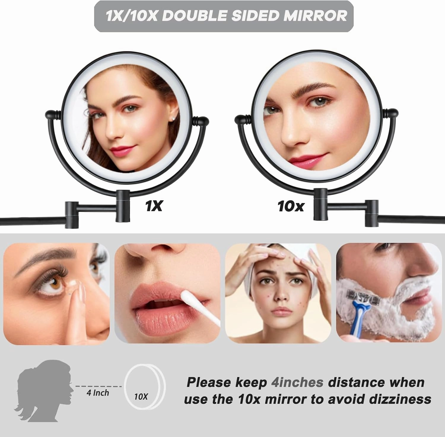 8" Wall Mounted Lighted Makeup Vanity Mirror with 3 Color Lights Stepless Dimming, 1X/10X Magnifying LED Two Sided Bathroom Touch Sensor Extendable Arm 360 Swivel Shaving Mirror Hardwired, Matte Black