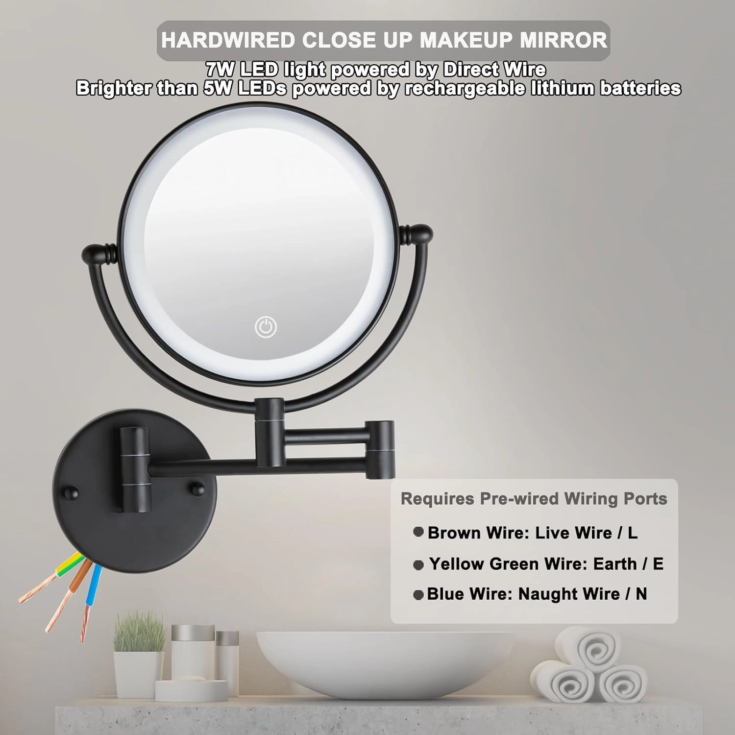 8" Wall Mounted Lighted Makeup Vanity Mirror with 3 Color Lights Stepless Dimming, 1X/10X Magnifying LED Two Sided Bathroom Touch Sensor Extendable Arm 360 Swivel Shaving Mirror Hardwired, Matte Black