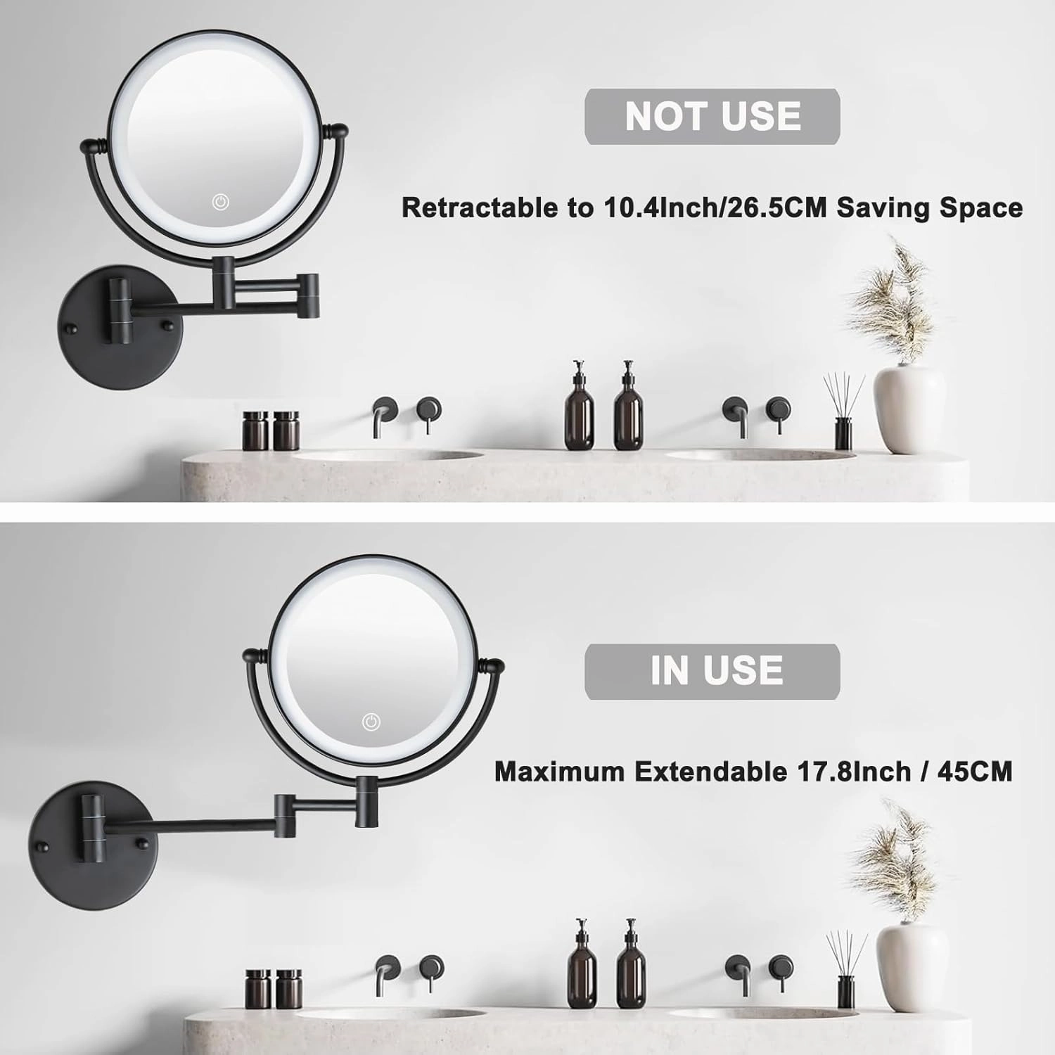 8" Wall Mounted Lighted Makeup Vanity Mirror with 3 Color Lights Stepless Dimming, 1X/10X Magnifying LED Two Sided Bathroom Touch Sensor Extendable Arm 360 Swivel Shaving Mirror Hardwired, Matte Black