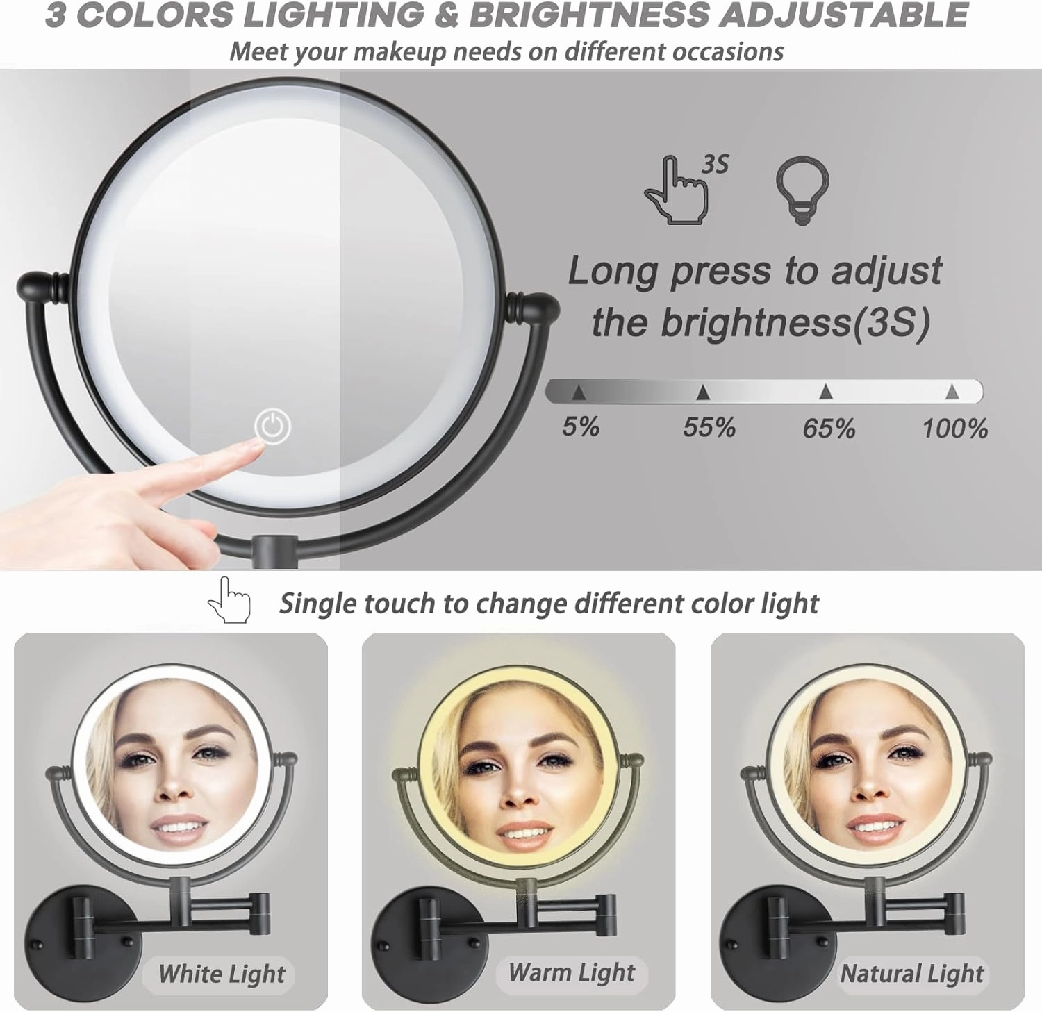 8" Wall Mounted Lighted Makeup Vanity Mirror with 3 Color Lights Stepless Dimming, 1X/10X Magnifying LED Two Sided Bathroom Touch Sensor Extendable Arm 360 Swivel Shaving Mirror Hardwired, Matte Black