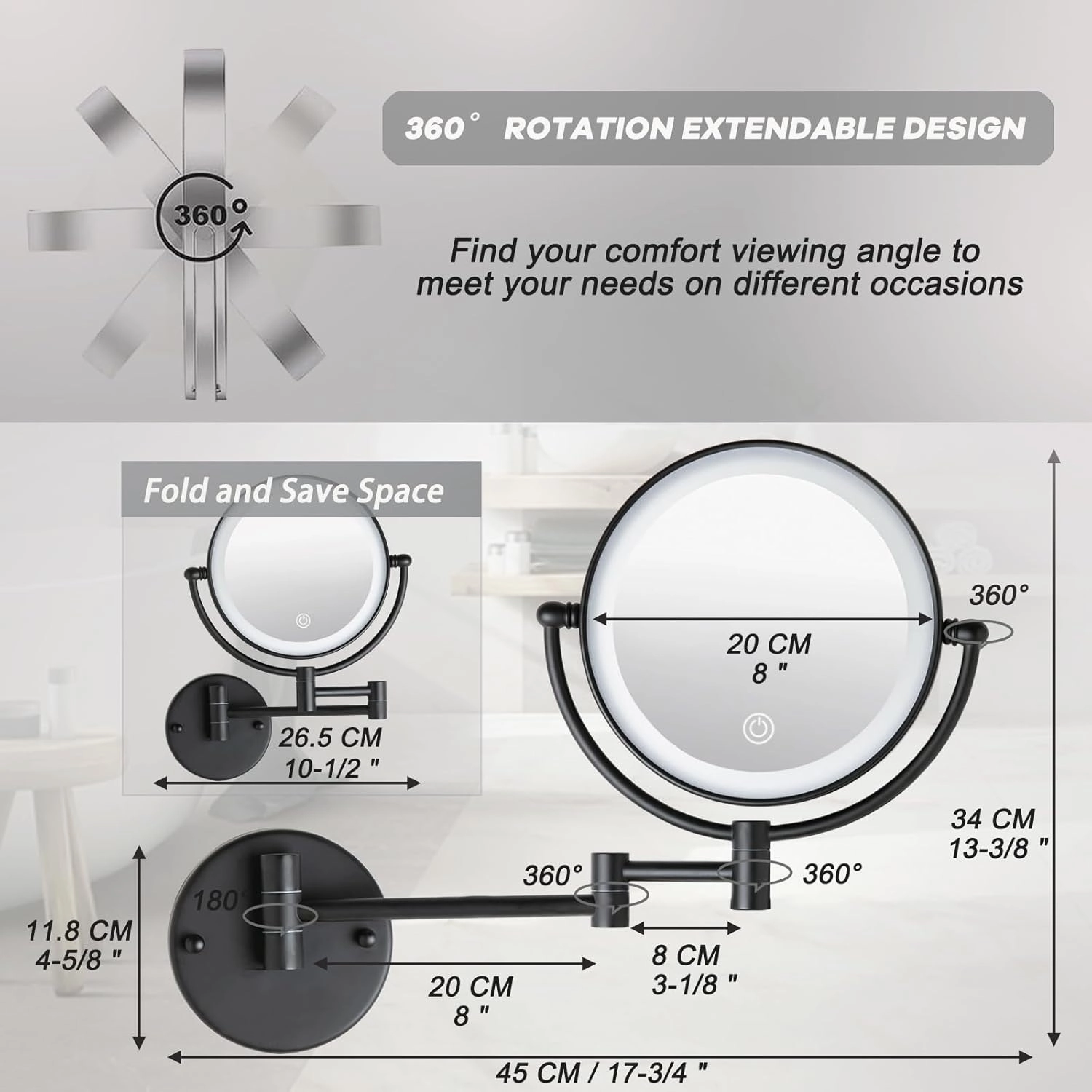 8" Wall Mounted Lighted Makeup Vanity Mirror with 3 Color Lights Stepless Dimming, 1X/10X Magnifying LED Two Sided Bathroom Touch Sensor Extendable Arm 360 Swivel Shaving Mirror Hardwired, Matte Black