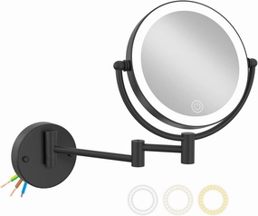 8" Wall Mounted Lighted Makeup Vanity Mirror with 3 Color Lights Stepless Dimming, 1X/10X Magnifying LED Two Sided Bathroom Touch Sensor Extendable Arm 360 Swivel Shaving Mirror Hardwired, Matte Black