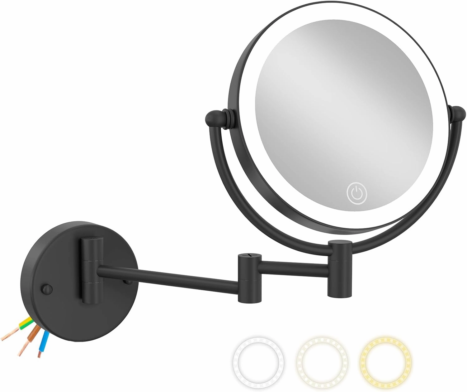 8" Wall Mounted Lighted Makeup Vanity Mirror with 3 Color Lights Stepless Dimming, 1X/10X Magnifying LED Two Sided Bathroom Touch Sensor Extendable Arm 360 Swivel Shaving Mirror Hardwired, Matte Black