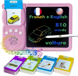 8" LCD Writing Tablet for Kids 3 4 5 6 7 8 9 - Talking English & French Flash Cards, Bilingual 510 Sight Words, Toddler Pocket Speech, Drawing Sketch Pad, Autism Toys for Girls (Pink)