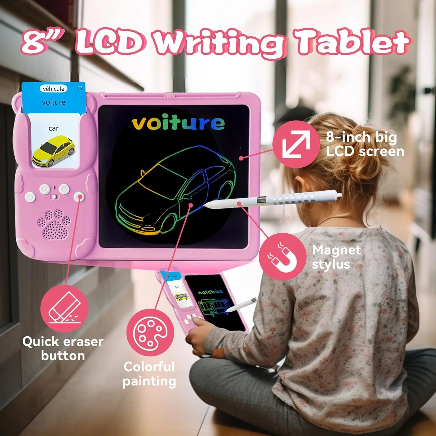 8" LCD Writing Tablet for Kids 3 4 5 6 7 8 9 - Talking English & French Flash Cards, Bilingual 510 Sight Words, Toddler Pocket Speech, Drawing Sketch Pad, Autism Toys for Girls (Pink)