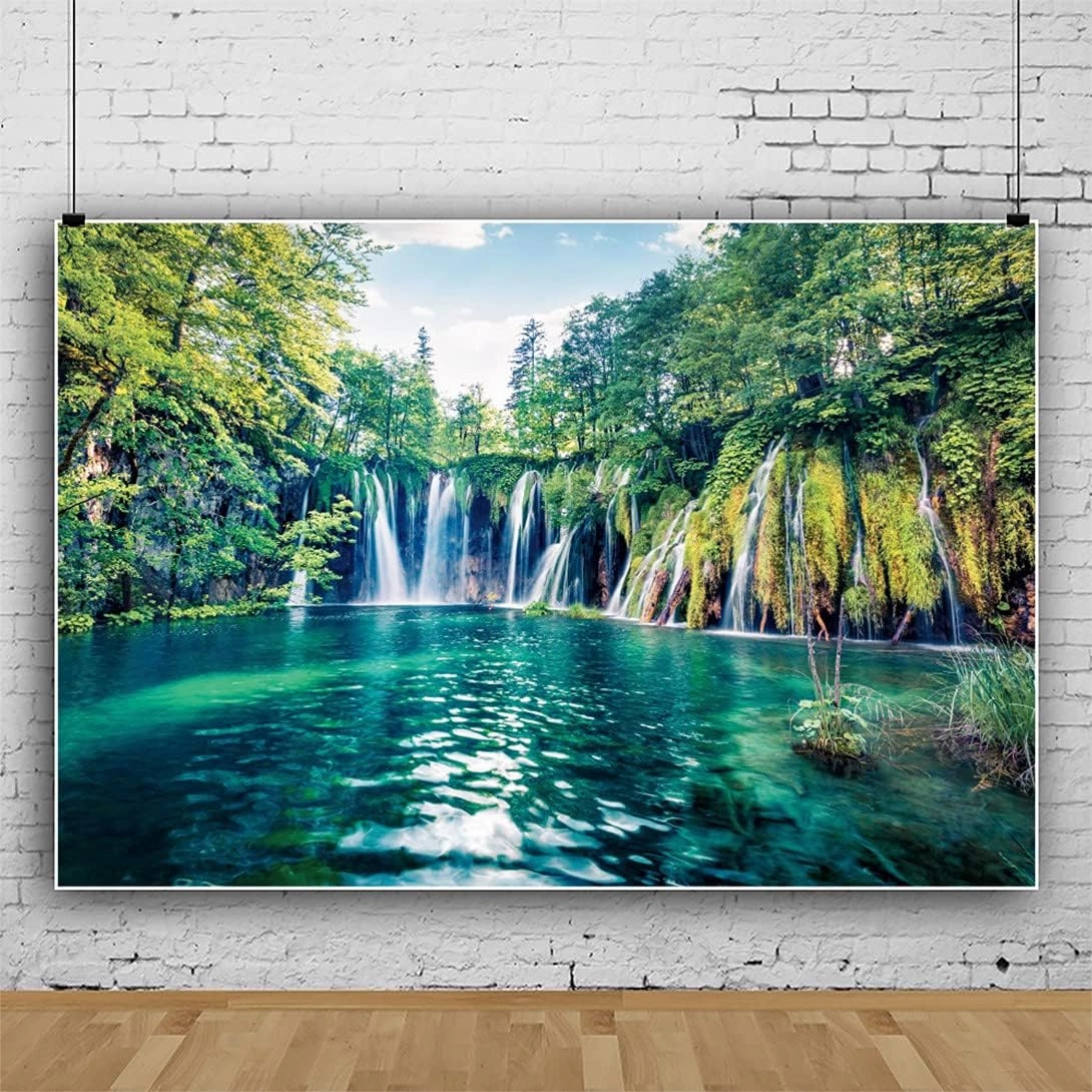 8x6ft Nature Green Jungle Waterfall Backdrop Woodland Spring Summer Forest Lake Mountain River Wedding Photography Background Rustic natural Landscape Outdoor Video Shoot Vinyl Studio Props