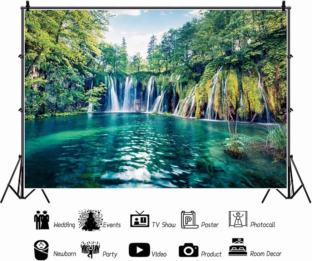 8x6ft Nature Green Jungle Waterfall Backdrop Woodland Spring Summer Forest Lake Mountain River Wedding Photography Background Rustic natural Landscape Outdoor Video Shoot Vinyl Studio Props
