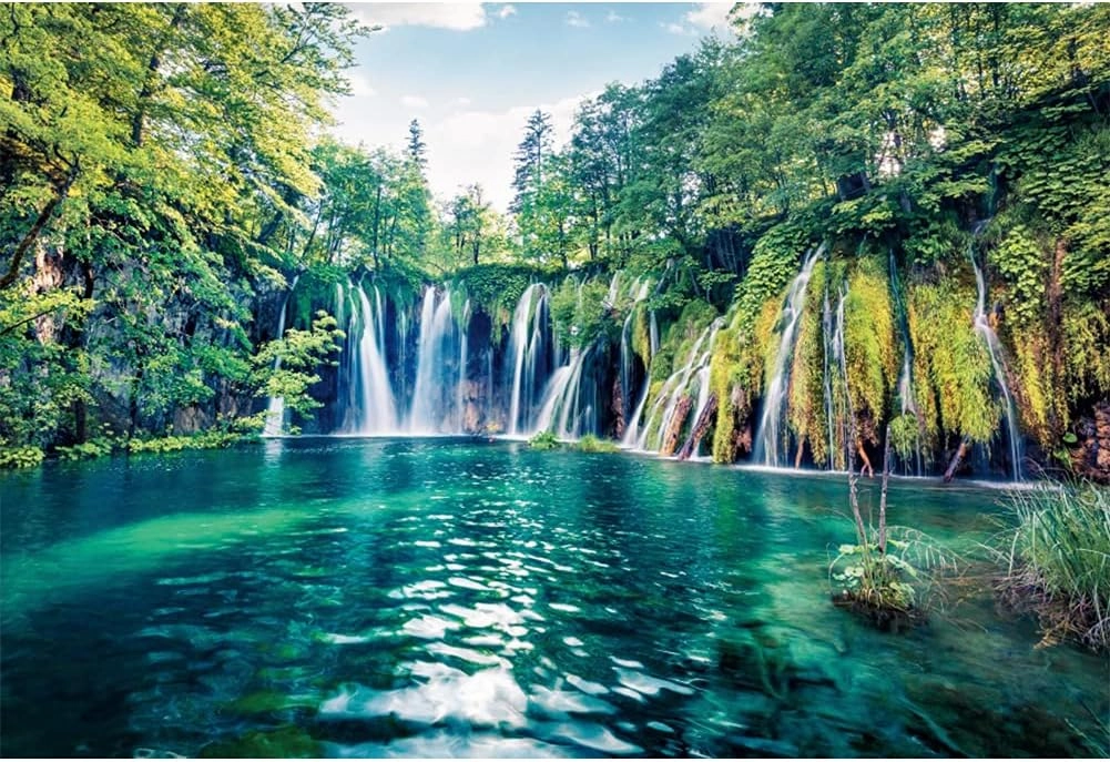 8x6ft Nature Green Jungle Waterfall Backdrop Woodland Spring Summer Forest Lake Mountain River Wedding Photography Background Rustic natural Landscape Outdoor Video Shoot Vinyl Studio Props