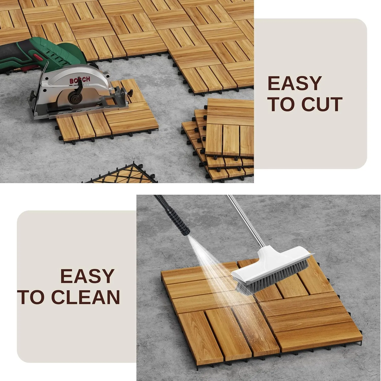 9 PCS Interlocking Deck Tiles 12" x 12"- Acacia Wood Tiles for Indoor & Outdoor Use, Drainage, Non Slip, Easy Installation - Patio Flooring for Balcony, Backyard, and Garden (Golden Steak)