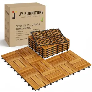9 PCS Interlocking Deck Tiles 12" x 12"- Acacia Wood Tiles for Indoor & Outdoor Use, Drainage, Non Slip, Easy Installation - Patio Flooring for Balcony, Backyard, and Garden (Golden Steak)